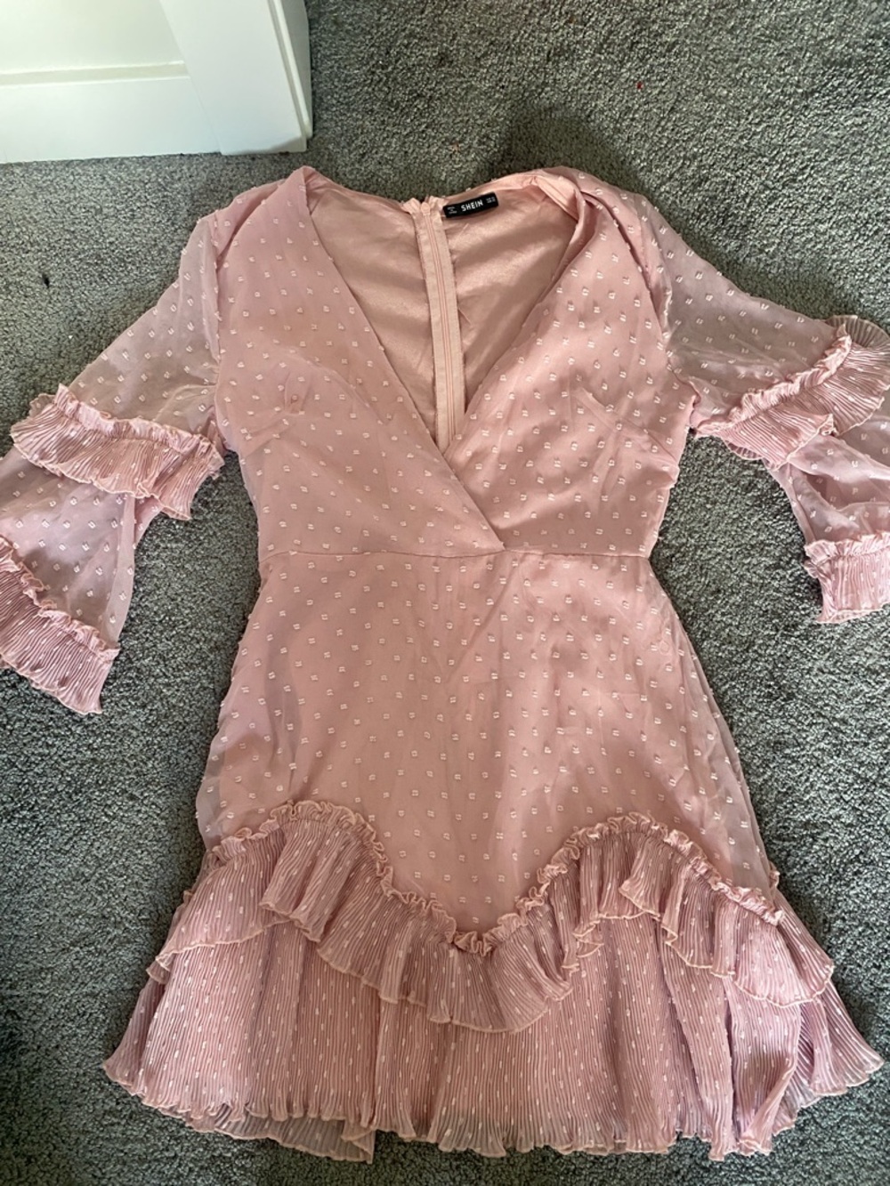 SHEIN Blush Pink Swiss Dot Ruffle Mini Dress